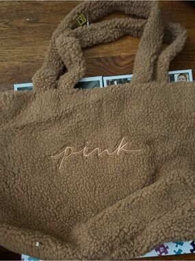 PINK Victoria's Secret Tan Sherpa Tote with Script Logo